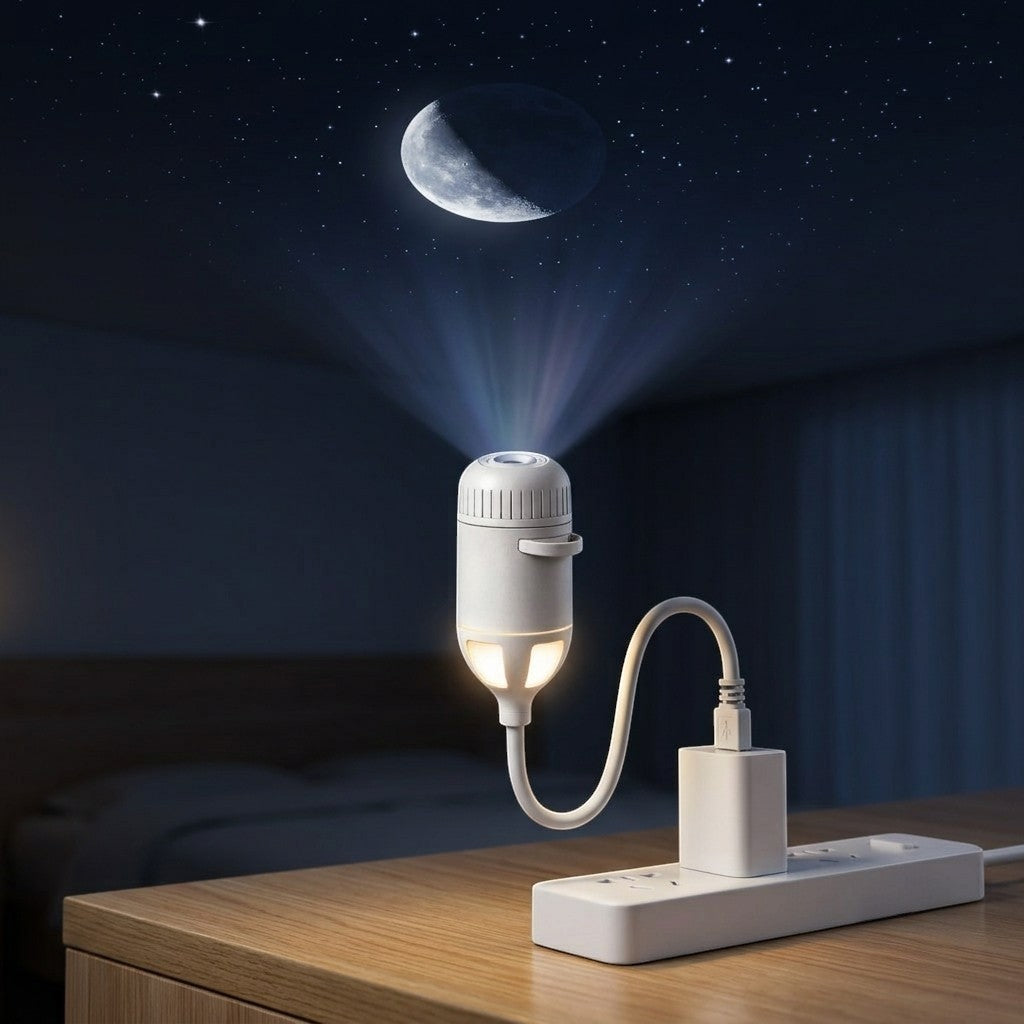 A white USB moon projector lamp sits on a wooden nightstand, plugged into a white power strip. The lamp projects a glowing moon and stars onto the dark bedroom ceiling.